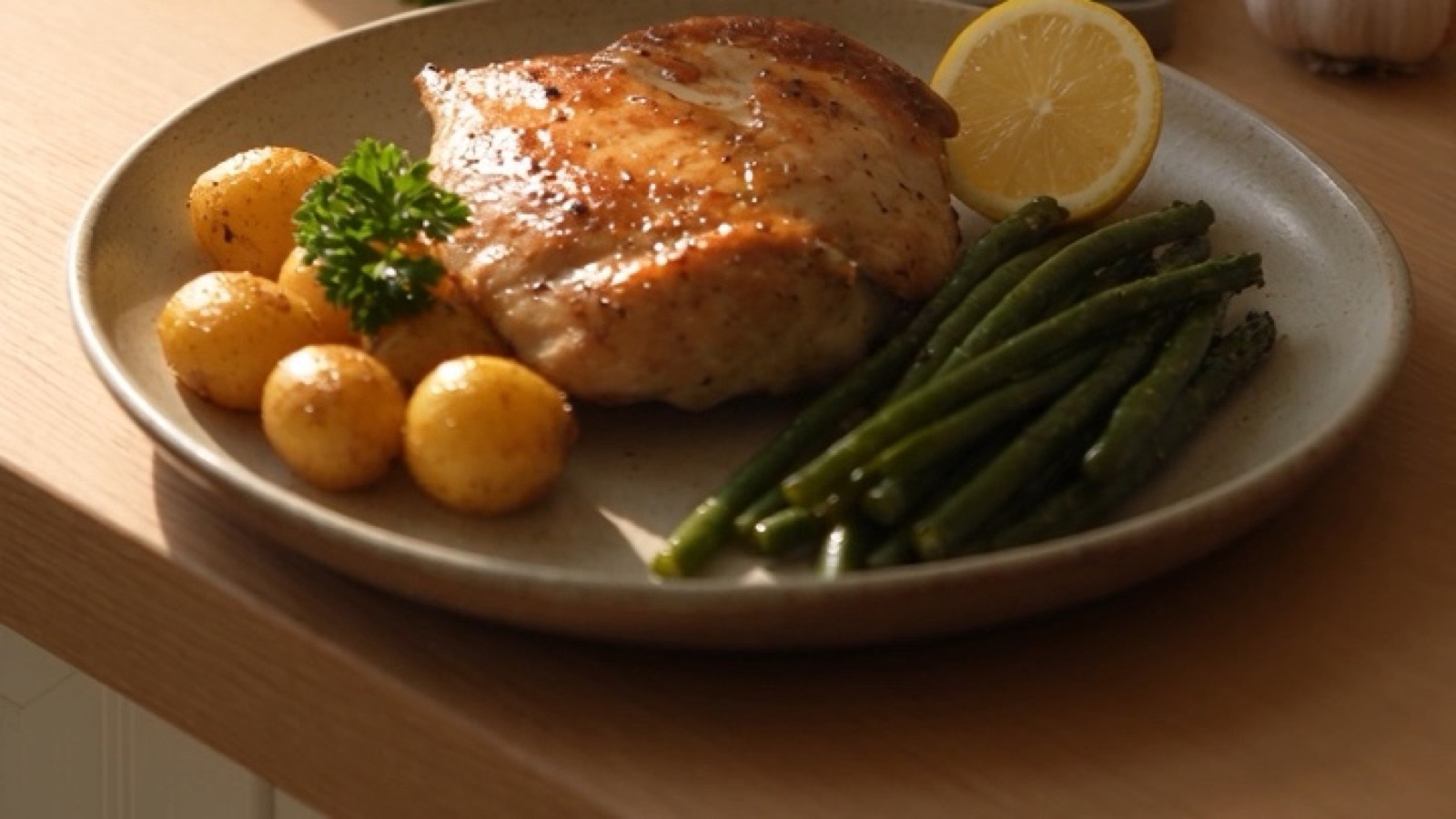 Lemon garlic chicken served with potatoes, green beans, parsley, and a lemon wedge